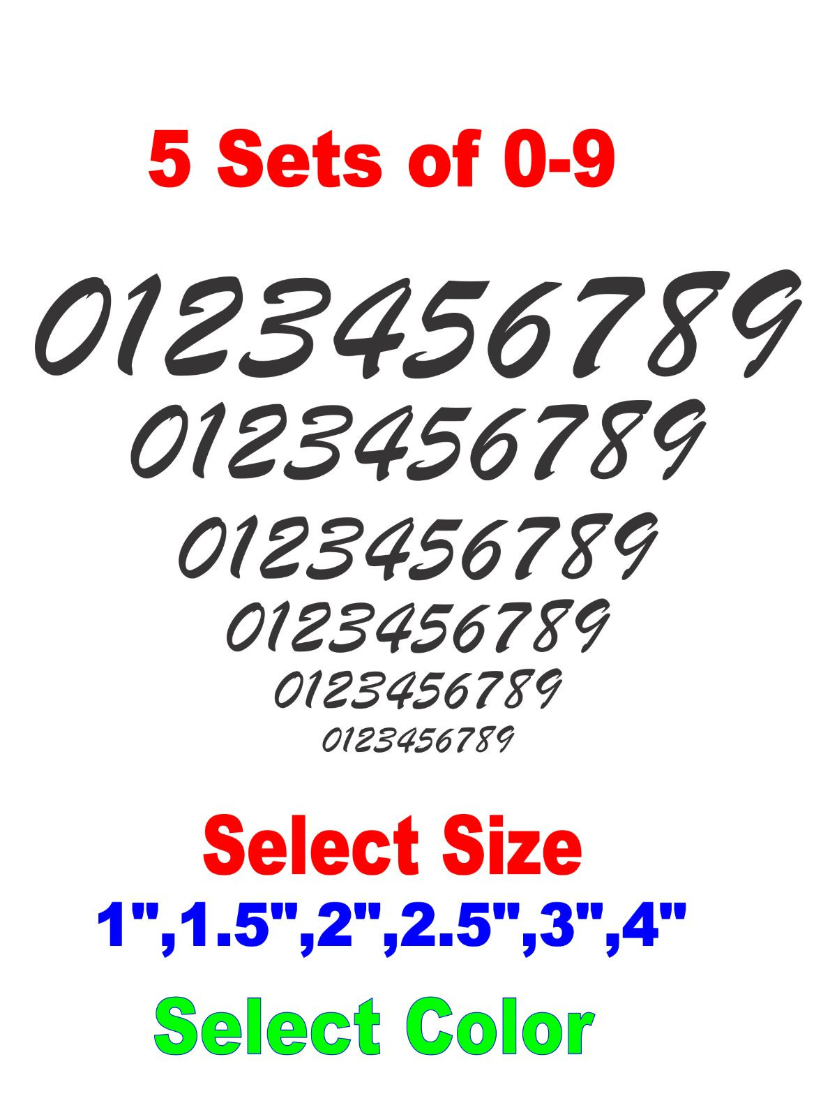 0-9 Numbers 50 ea Brush Script Vinyl Sticker Decals FN1 - Select Color & Size gallery