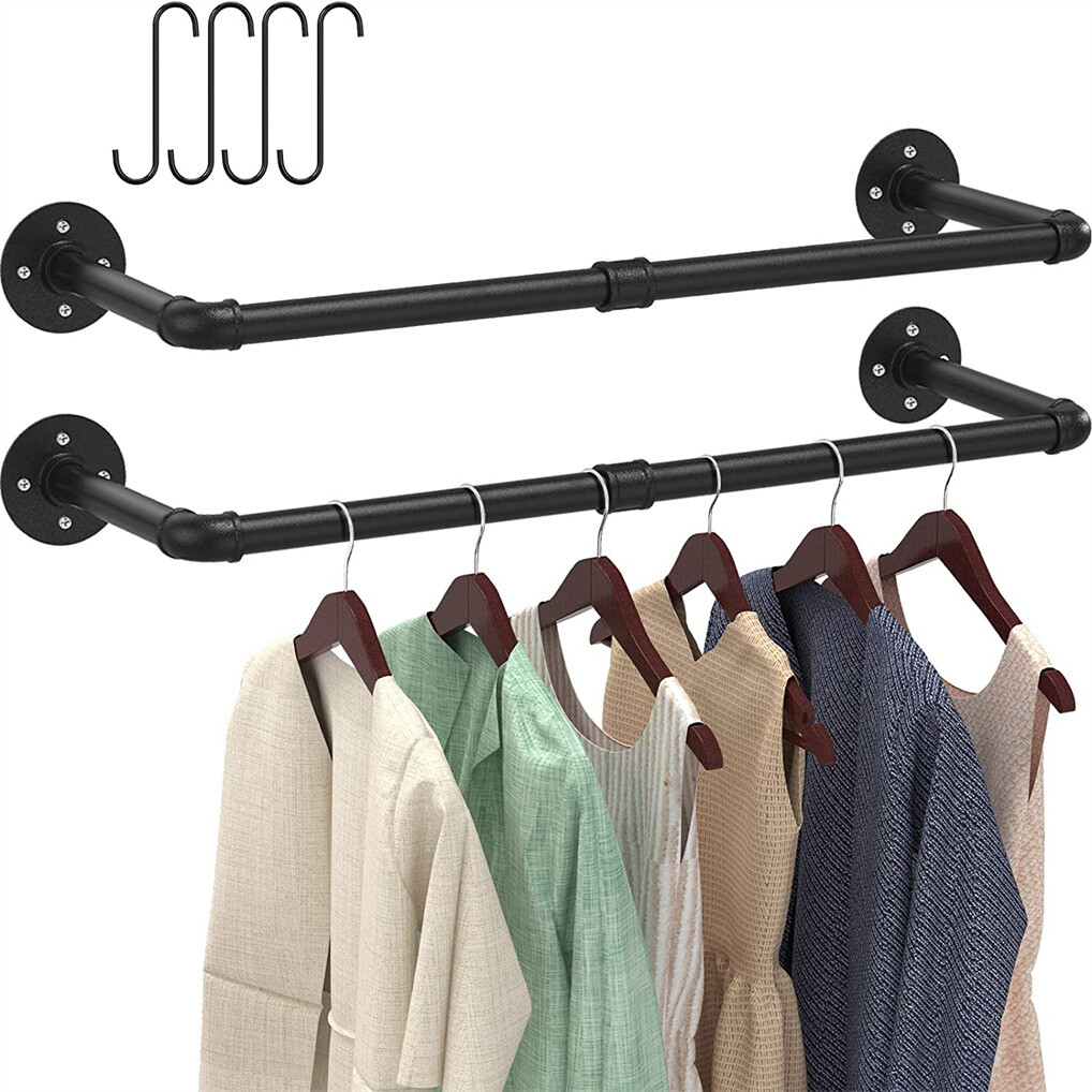 2pcs Wall Mount Pipe Clothes Rack Heavy Duty Black Garment Hanging Bar 4pcs Hook gallery