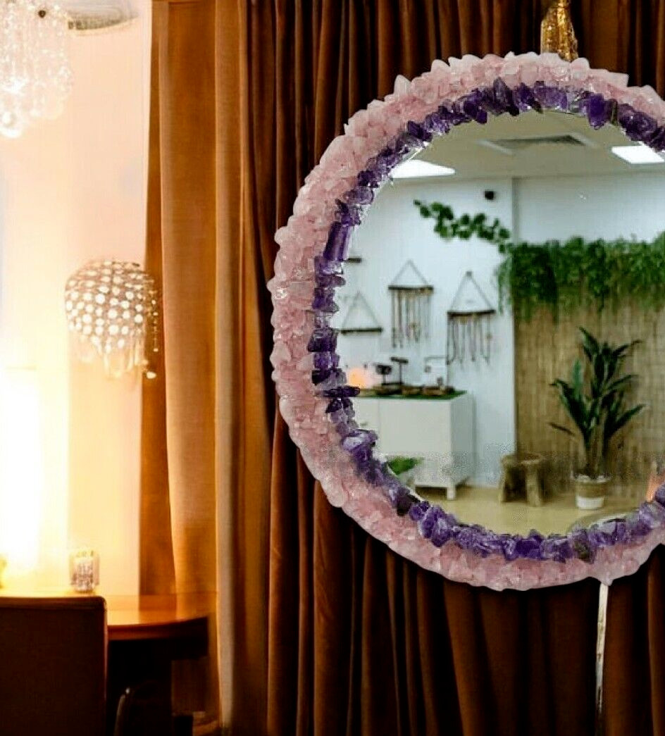 Handcrafted Selenite Crystal Style Round Wall Mirror 18" – Luxury Modern Décor gallery