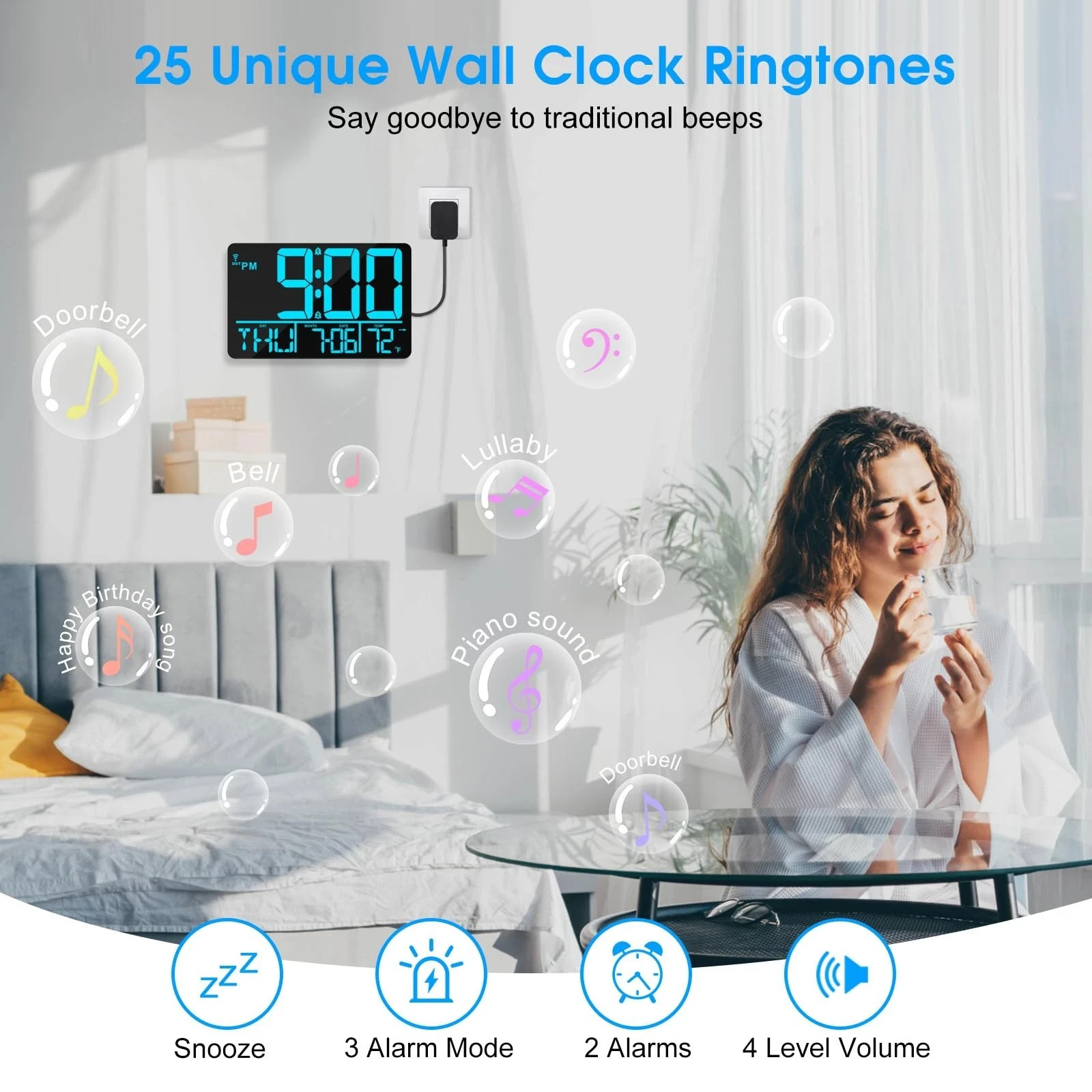 13" Bluetooth Auto Sync Wall Clock Large Digital Alarm Clock with ... gallery