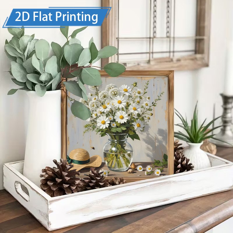 Rustic Textured White Daisy Flower Vase Bee Art Wooden Sign Living Room Wall gallery