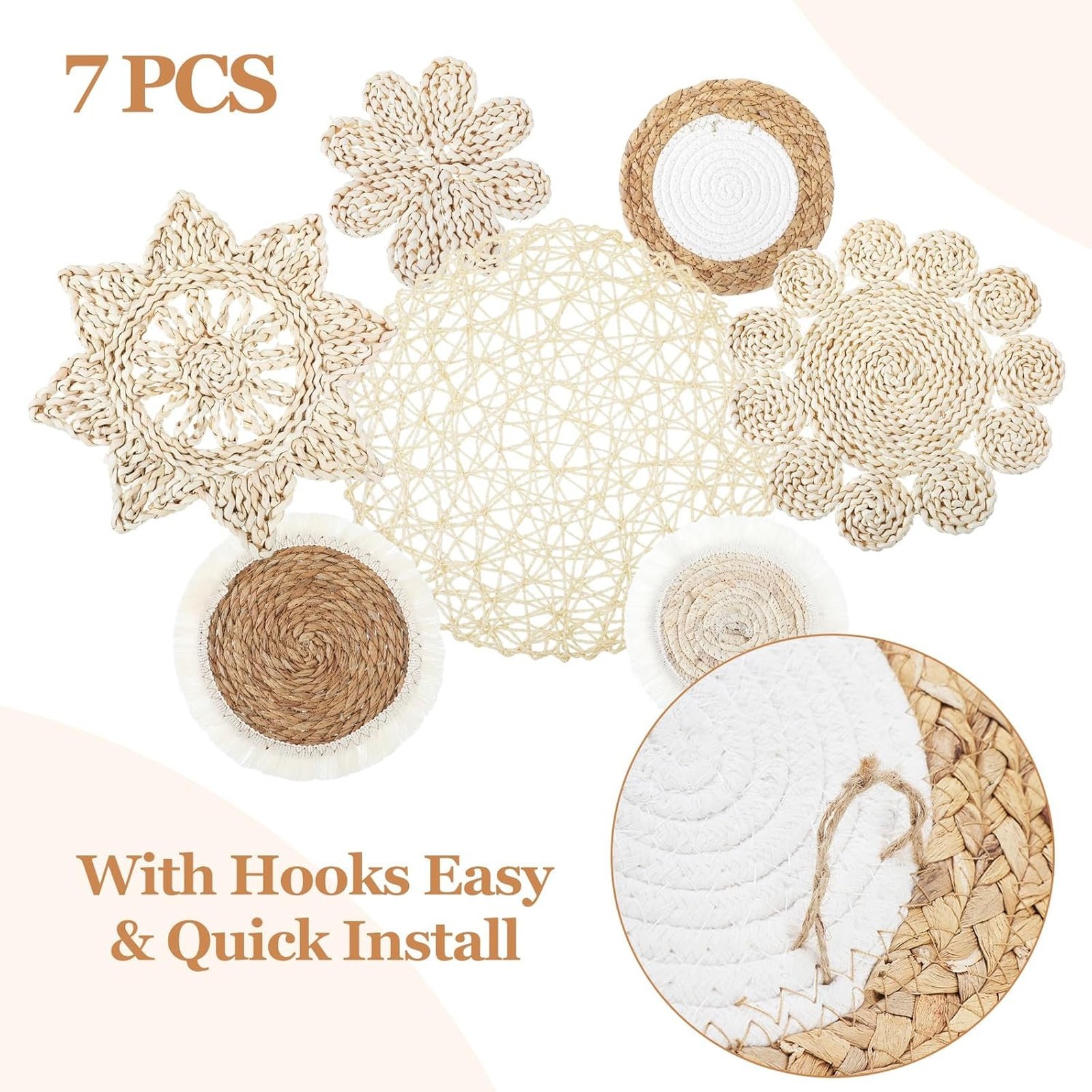7 Piece Boho Wall Basket Decor Set Rattan Wicker Round Wall Art for Farmhouse gallery