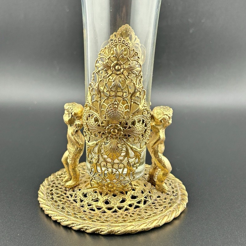 Hollywood Regency Ormolu Filigree Cherub Bud Vase Ruffled Glass 6¾″ 60s VTG gallery