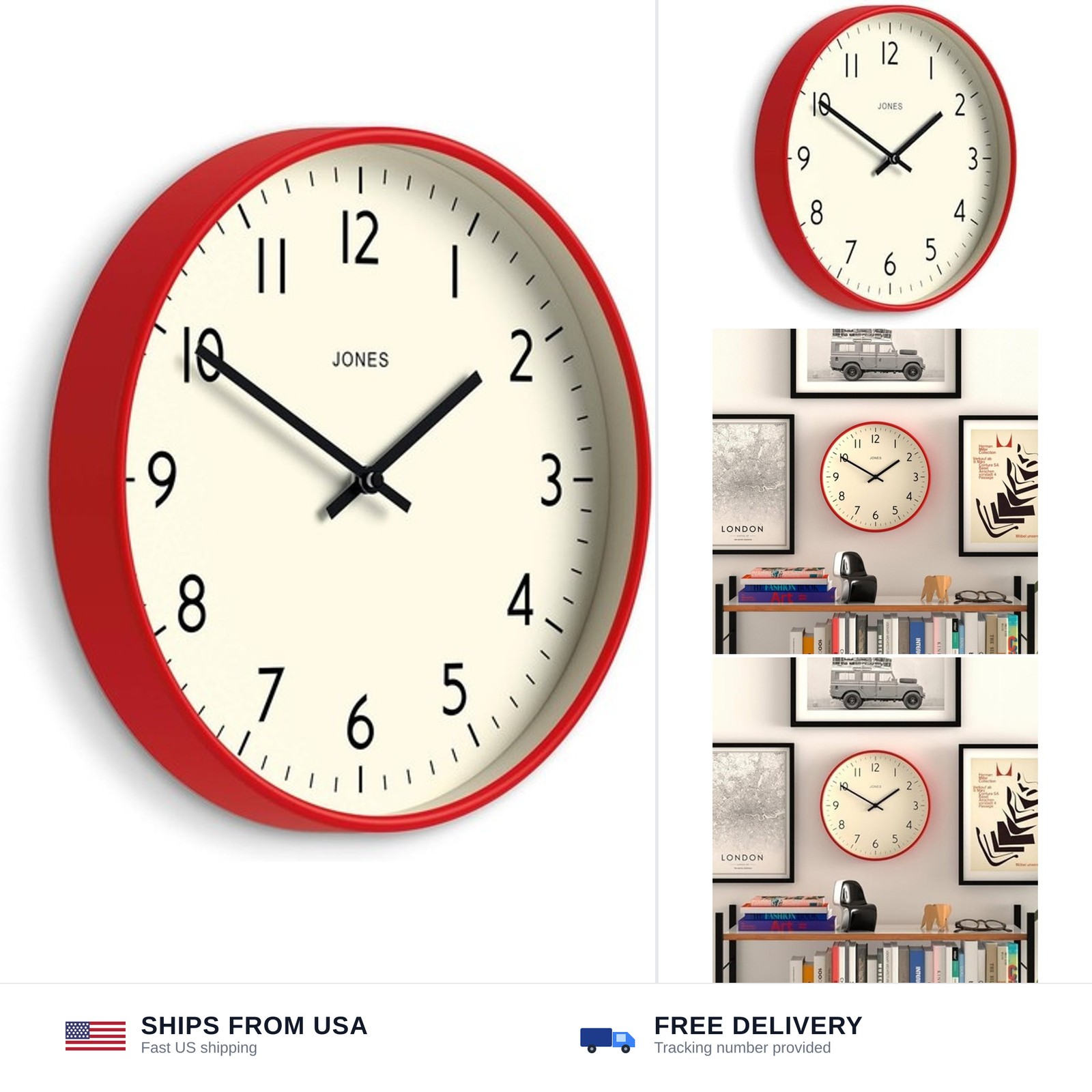 JONES CLOCKS® Studio wall Clock | Modern Round Style | 12 inch | Red | Easy t... gallery