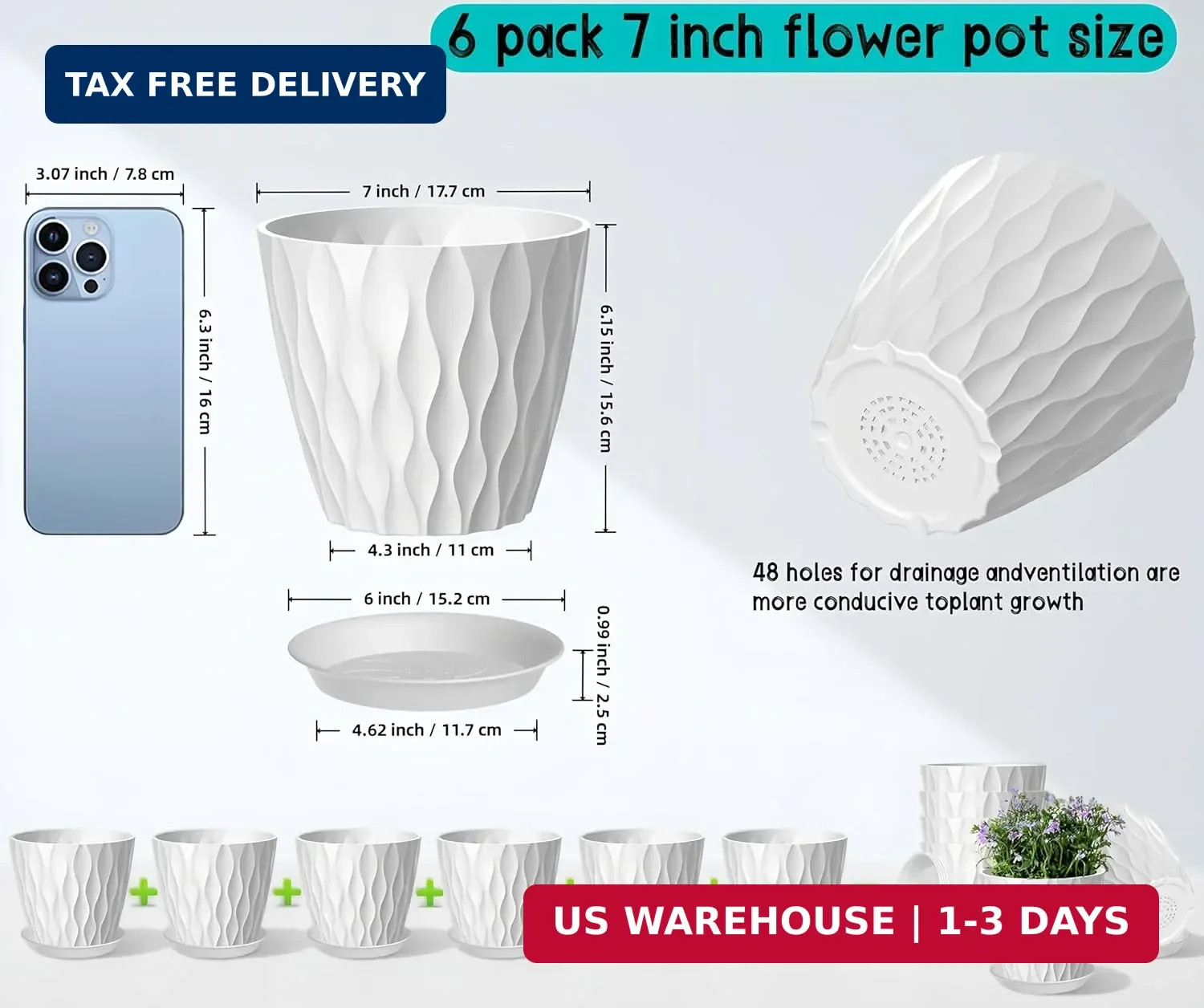 6 Pack 7 Inch Plant Pots with Drainage and Saucers, White Plastic Flower Pots gallery