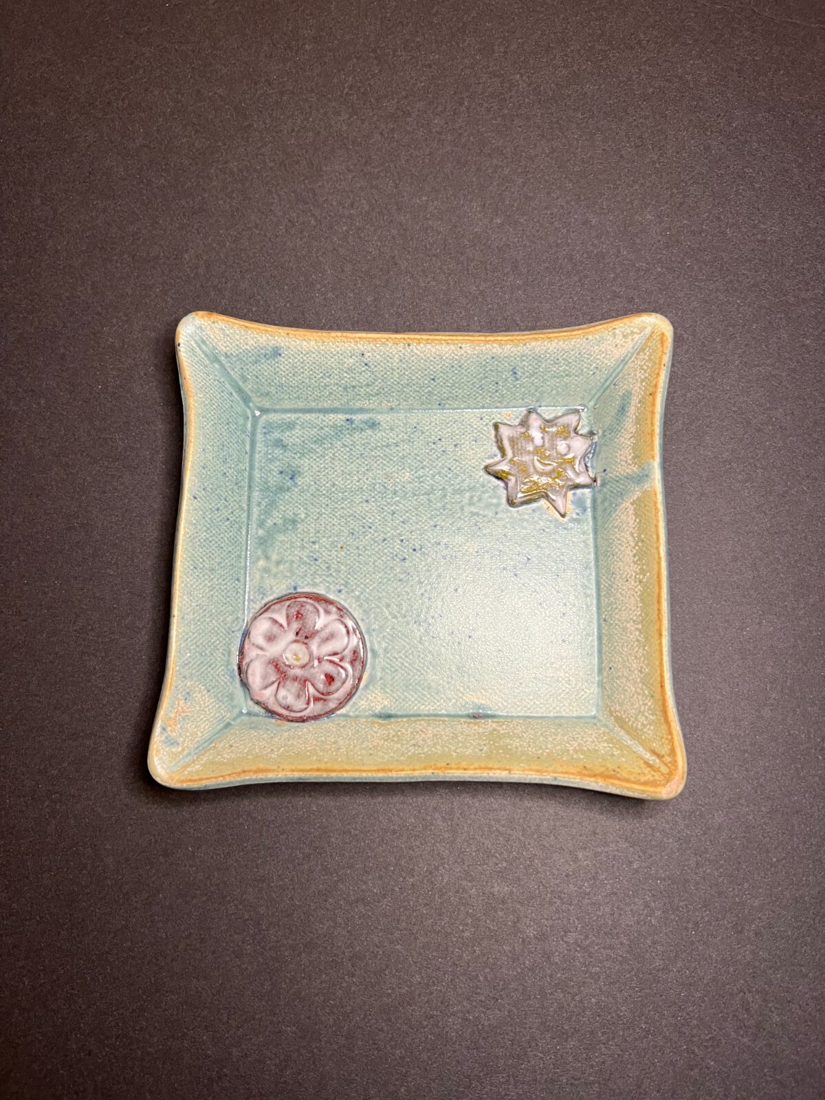 Hand-Crafted Studio Art Pottery Textured Floral & Sun Trinket Tray Dish 5 x 5.5" gallery