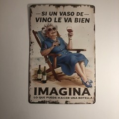 Funny Wine Sign Retro Beach Decor – Imagine What A Bottle Can Do – 8×12 Spanish