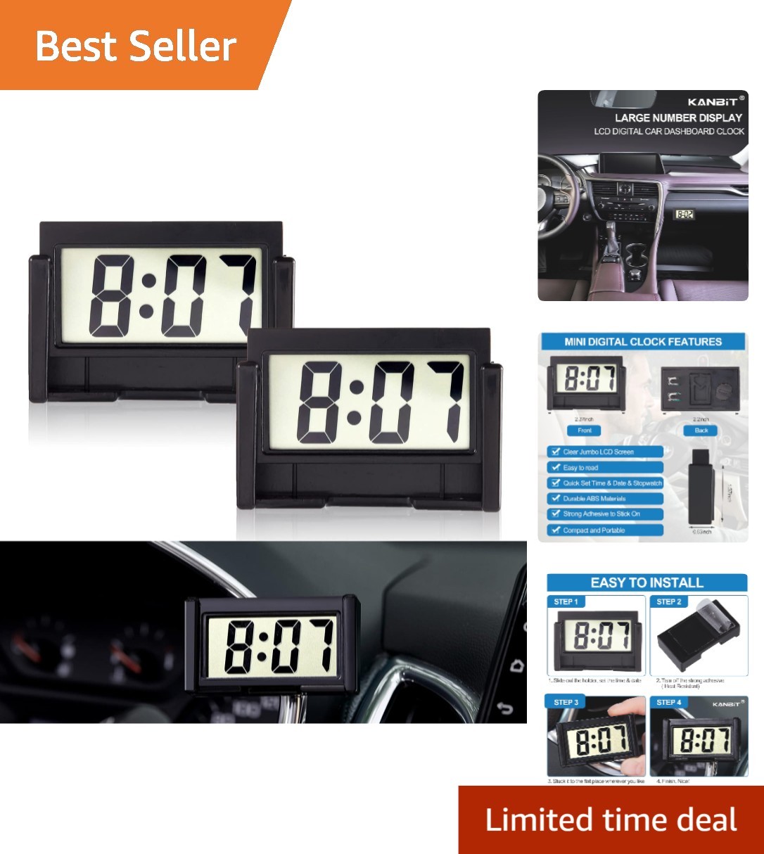 Multi-Purpose Compact Vehicle Clock with LCD Display - Batteries Included, Black gallery