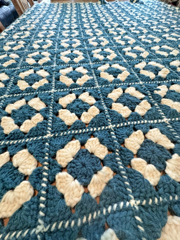 Handmade Crochet Granny Square Throw Blanket 50" x 60" Teal & Cream Vintage gallery