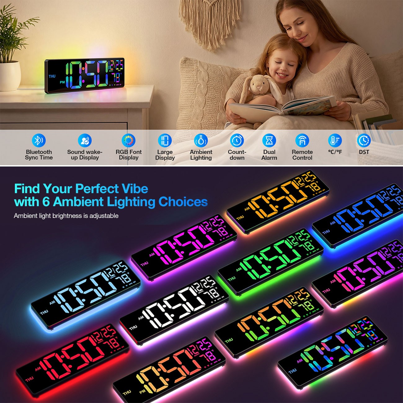 16'' Large Digital LED Wall Clock with Remote Control Dual Alarm 8 RGB Bluetooth gallery