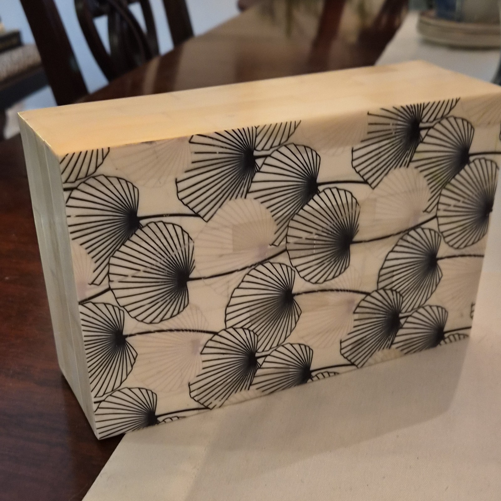 Rectangular Decorative Wood Box w/ Lid, Black & White Floral, 8x4x2" Bone Inlay gallery