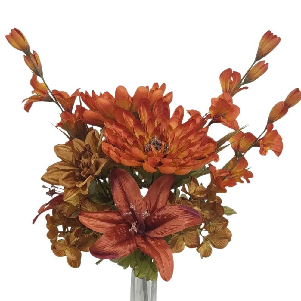 21" Rust Colored Artificial Mixed Floral Dahlia, Mum & Lily Bush gallery