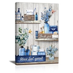 WANGTIAO Navy Blue Shelf Pattern Bathroom Canvas Wall Art Rustic Grey Wood Gr…