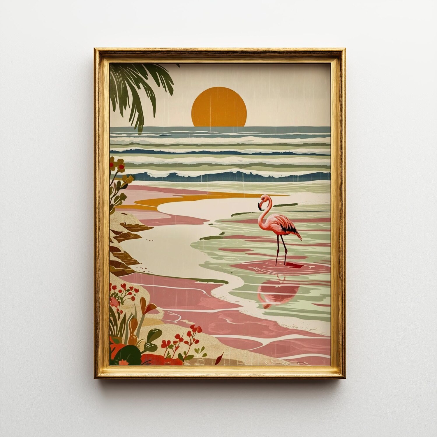 Flamingo Beach Poster, Tropical Sunset Ocean Wall Art, Retro Coastal Decor Print gallery