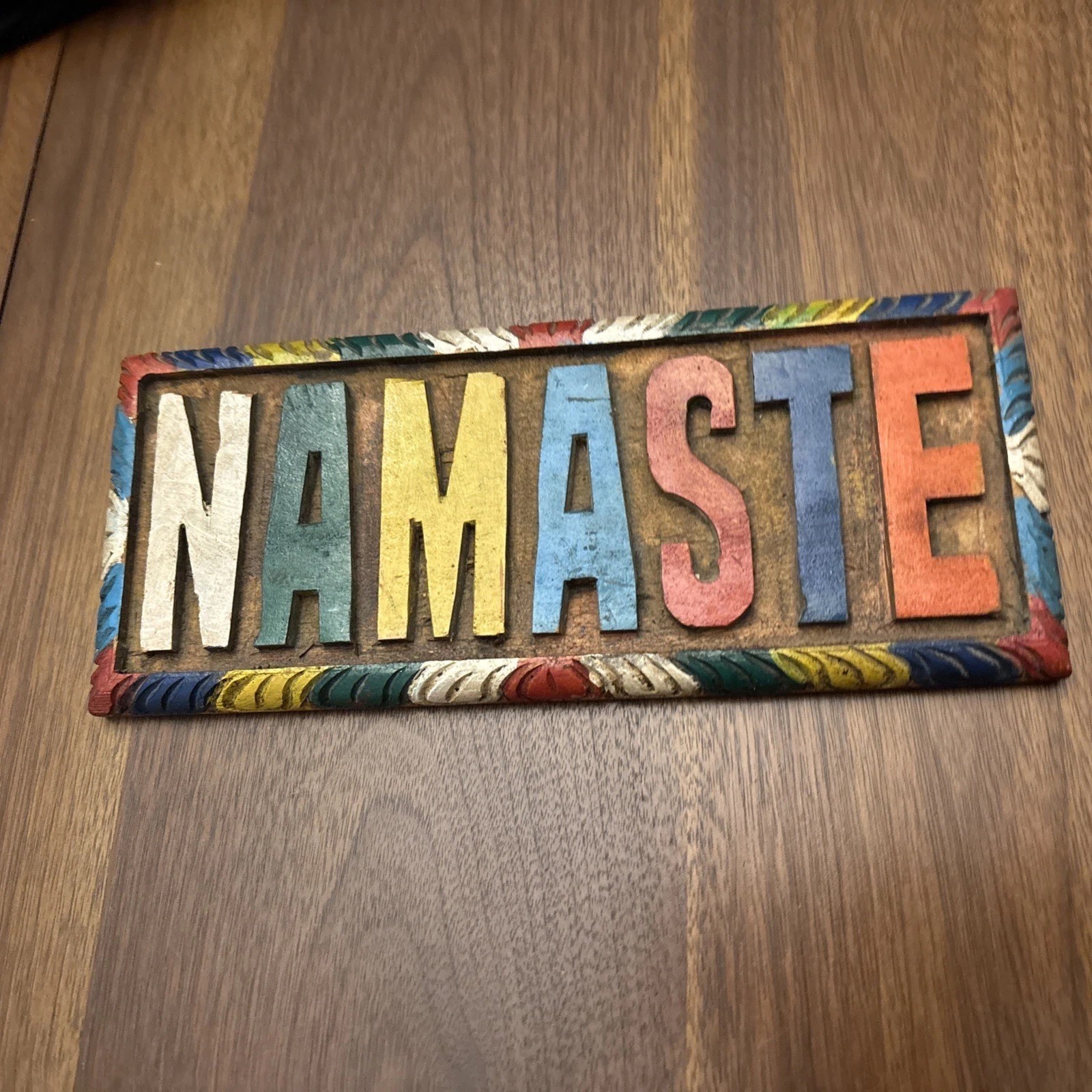 Rustic NAMASTE Colorful WOODEN WALL HANG ART SIGN PLAQUE Made In NEPAL (?) gallery