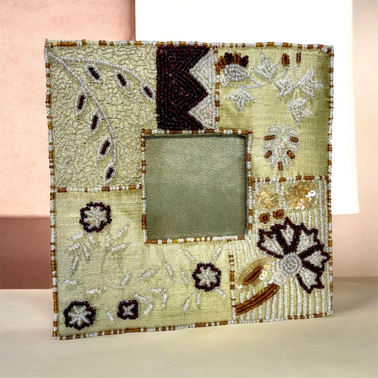 Handcrafted Beaded & Embroidered Fabric Picture Frame – Boho Floral Patchwork gallery