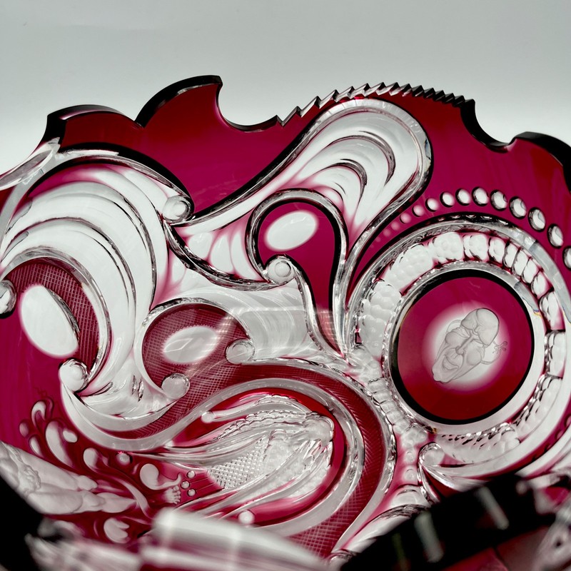 Varga Ruby Cut Crystal Bowl Neptune Rising Mythological Art Glass, Hungary gallery
