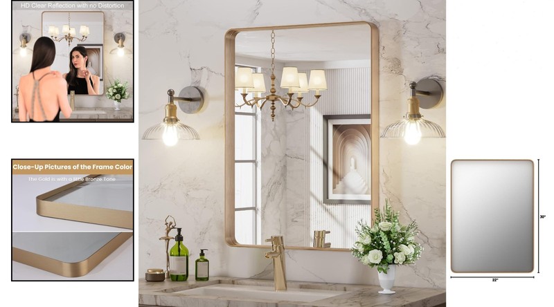 Chic 22”x30” Rounded Rectangle Gold Frame Mirror - Perfect for Any Room Decor gallery