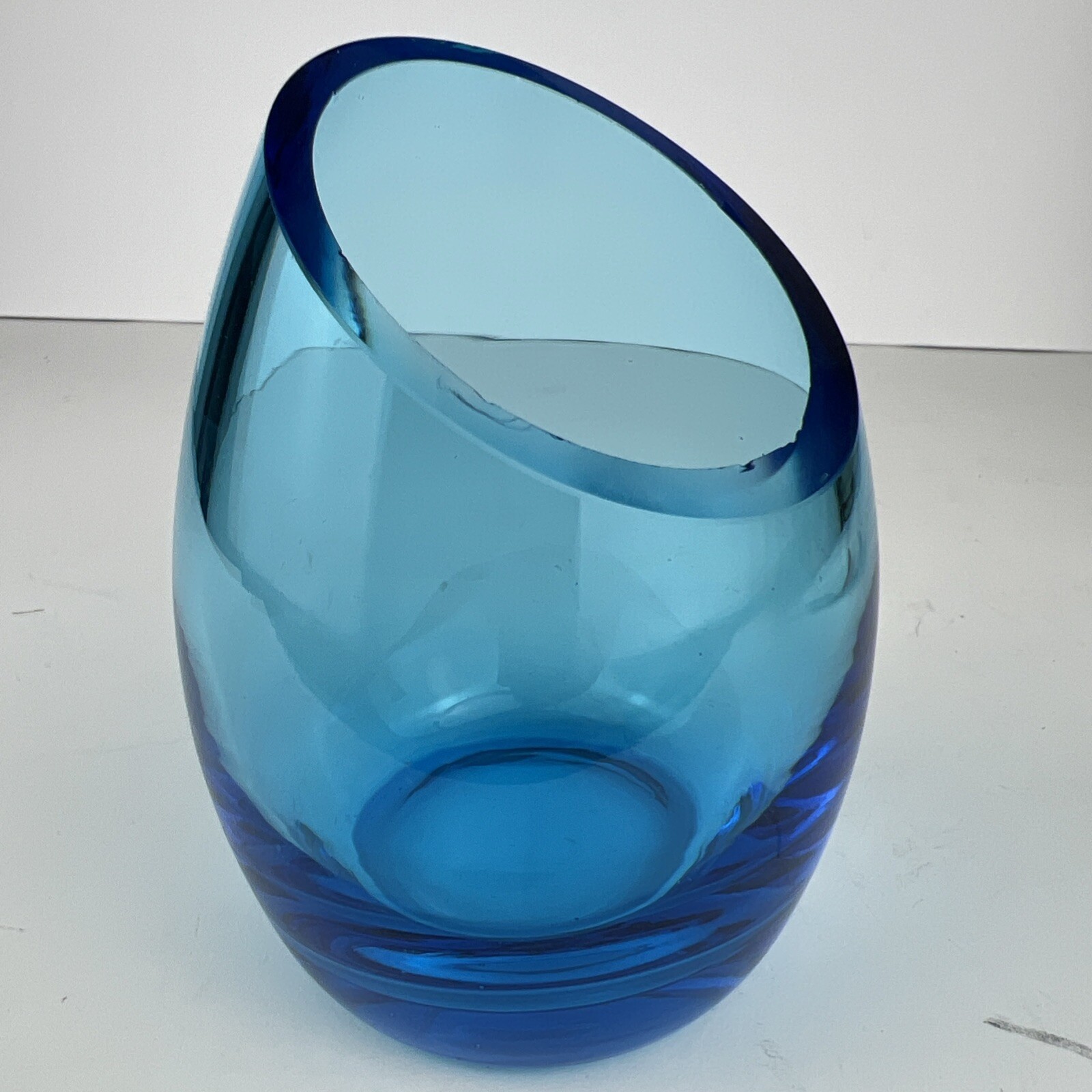 Blenko Viking Mid Century Modern Offset Orb Art Optic Blue Glass Bud Vase MCM gallery