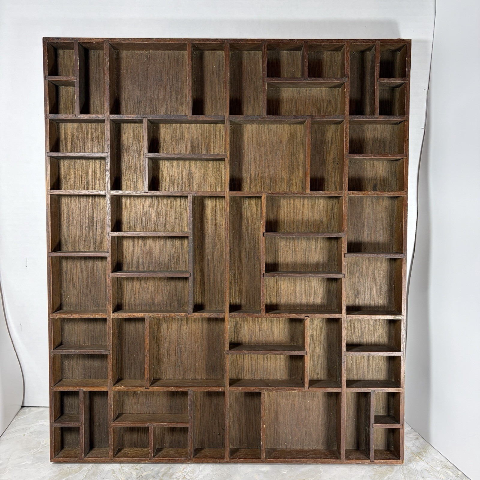 VTG Wooden Shadow Box Display Case Compartment Trinket Shelf Brown Tray 20"x18” gallery