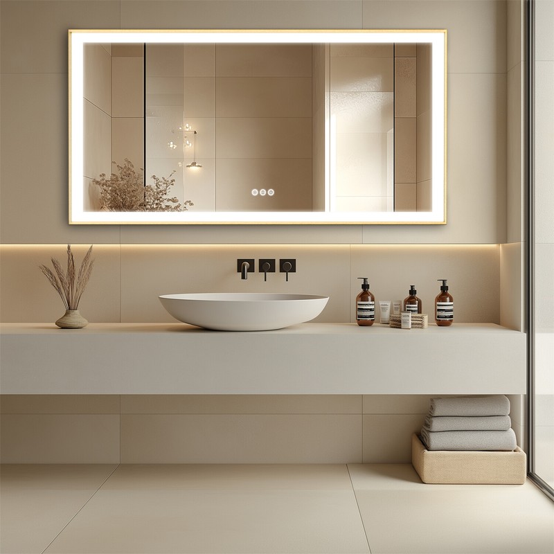 Overlength Rectangle LED Lighted Bathroom Vanity Mirror Gold Frame Touch Antifog gallery