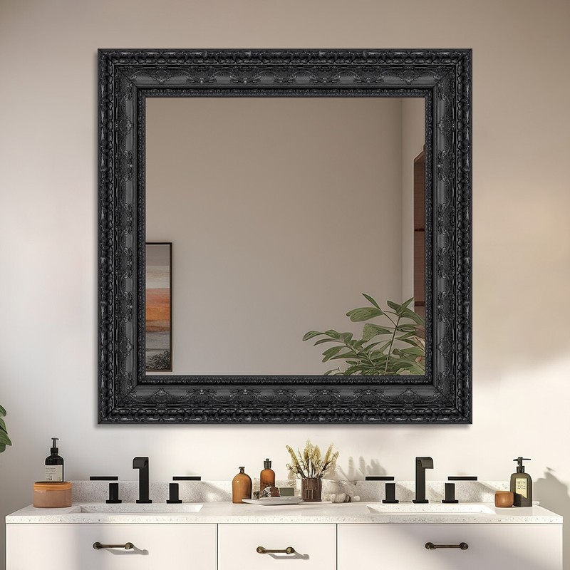 Mirror and Frame Meter Rectangular Wall Mirror Black Finish Ornate Style gallery