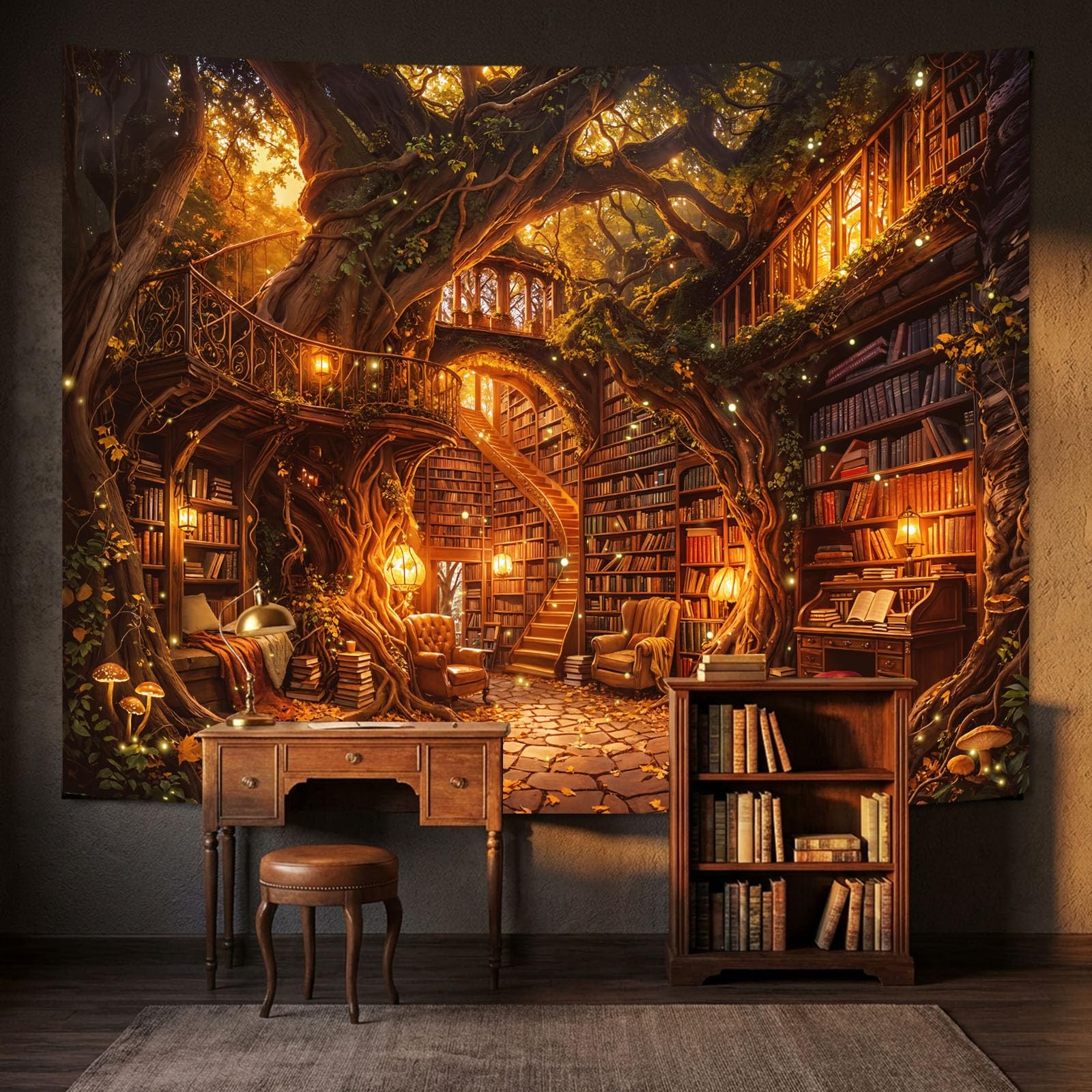 Magical Tree House Library Wall Tapestry, Fantasy Bookshelf Forest Art Tapestrie gallery