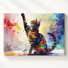 Dynamic Abstract Cat Canvas Colorful Watercolor Feline Art Embrace The Energy