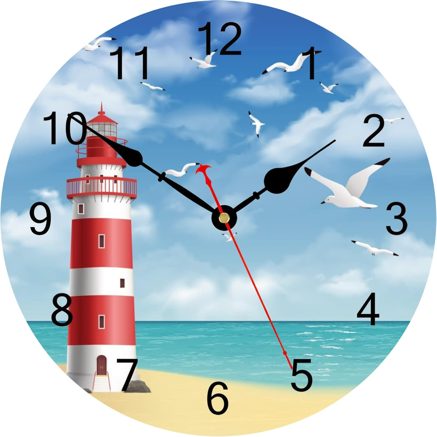 12 Inch Nautical Lighthouse Wall Clock, Beach Themed Coastal Bathroom Decor, Dec gallery