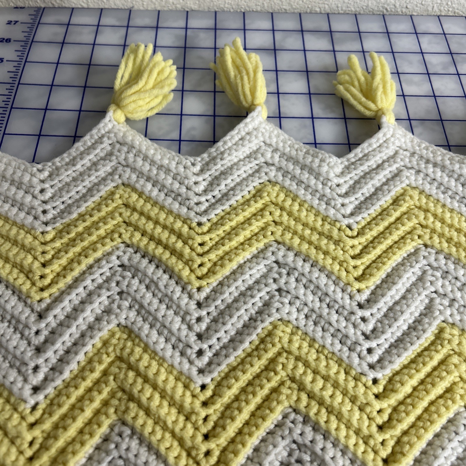 Handmade Crocheted Blanket Yellow and White Chevron Pattern w/Tassels gallery