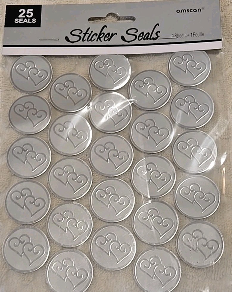 Amscan Sticker Seals - Embossed Silver Hearts x 25 qty. 1 PKG New (C-40) gallery