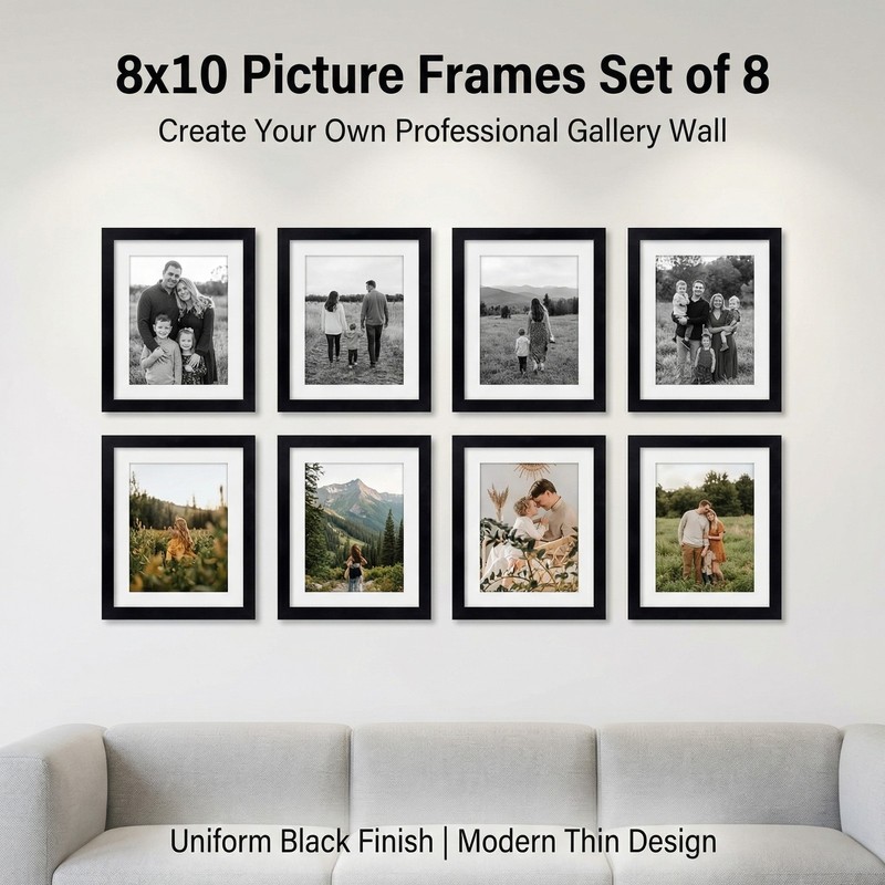 8 Pack 8x10 Picture Gallery Wall Frame Set Collage Tabletop Plastic Glass, Black gallery