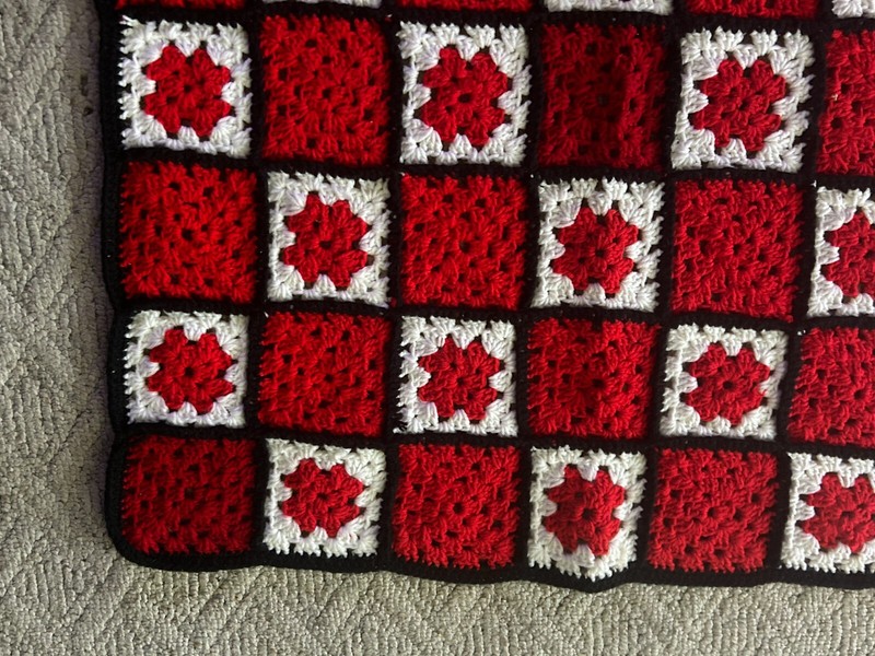 Crocheted Granny Square Lap Afghan Throw 34 x 34 Red White Black Border Vintage gallery