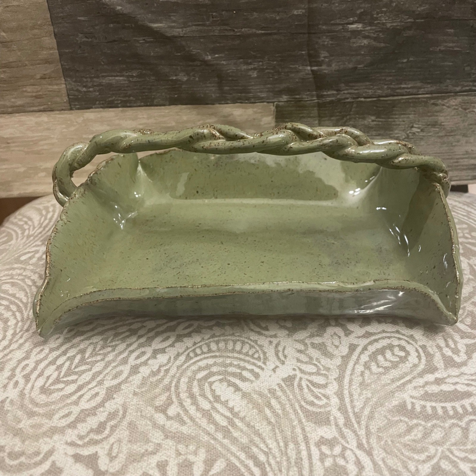 Handmade Studio Pottery Braided Handle Basket Speckled Sage Green Ceramic 8.5" gallery