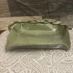 Handmade Studio Pottery Braided Handle Basket Speckled Sage Green Ceramic 8.5″