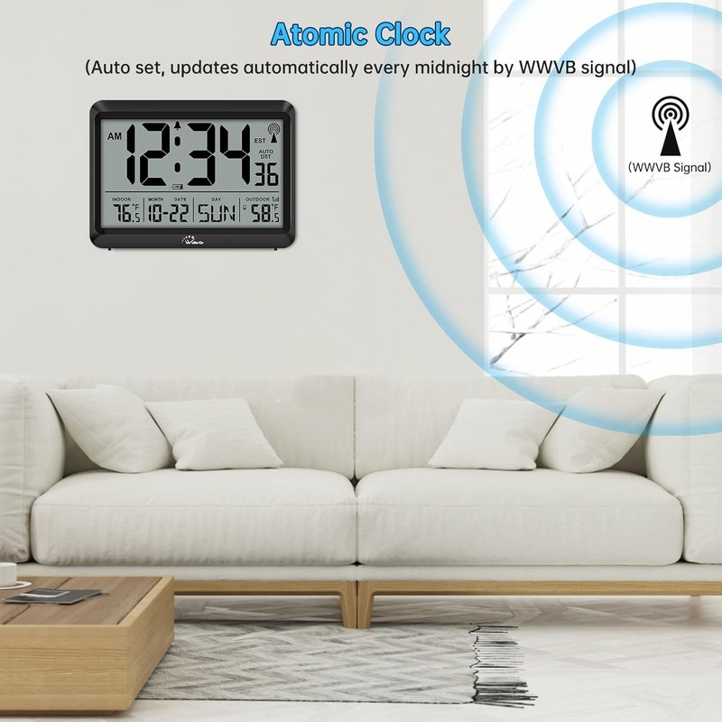 Digital Wall Clock with Self-Setting Time & Indoor/Outdoor Temperature, Auto DST gallery