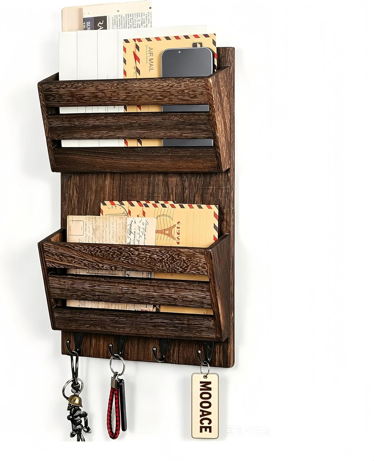 Mail Organizer Wall Mount with Key Hooks 2-Slot Wood Mail and Key Holder for ... gallery