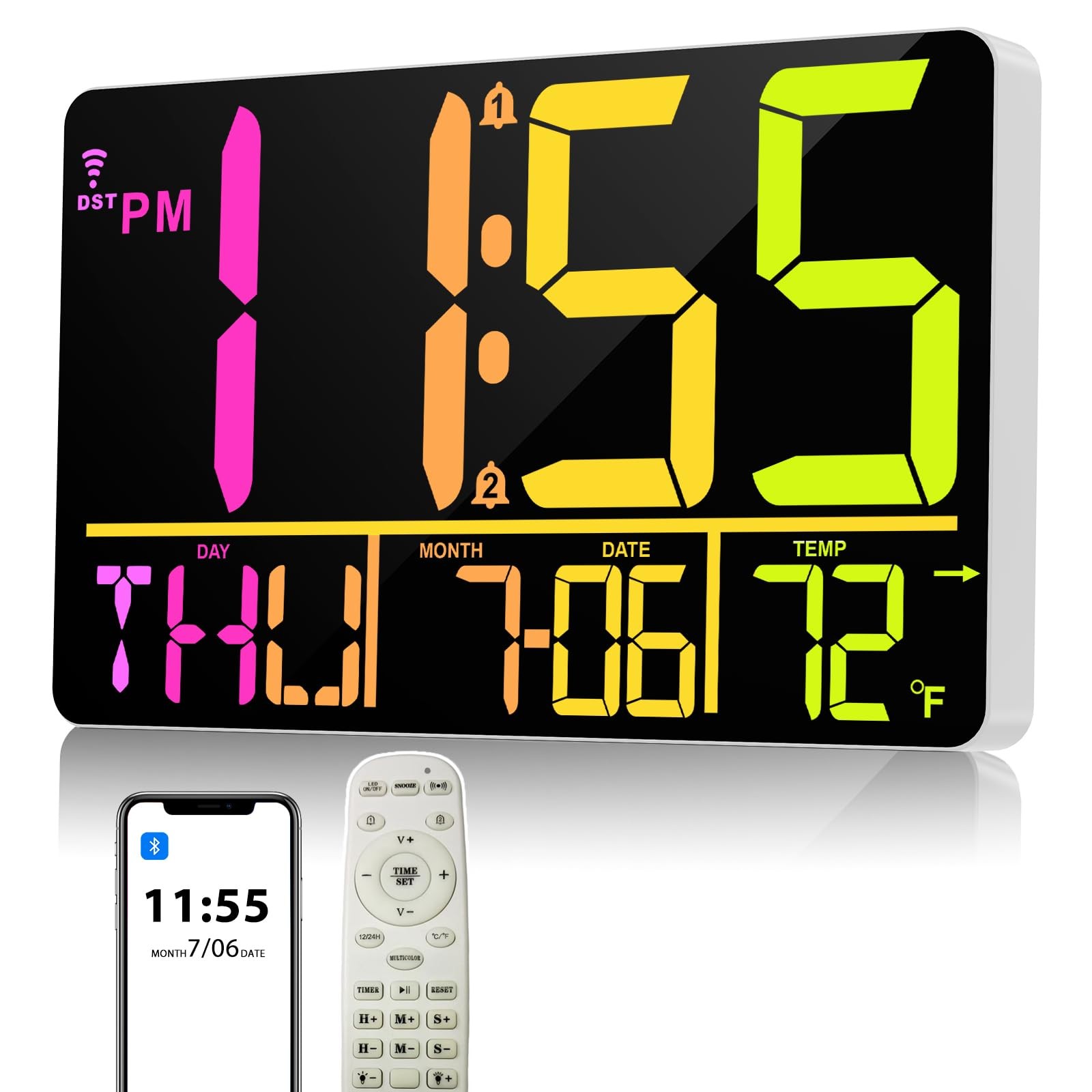 13" Bluetooth Auto Sync Wall Clock- Large Digital Alarm Clock with Remote, RG... gallery