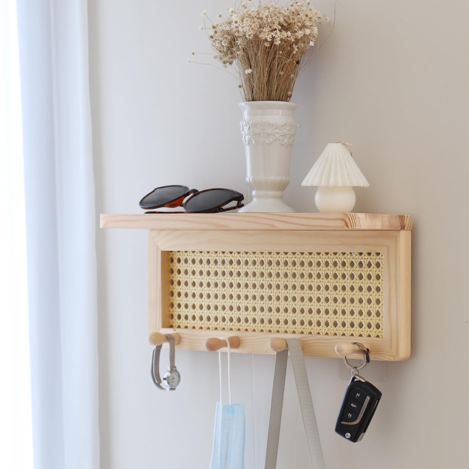 Wall Mounted Key Holder with 4 Hooks & PE Rattan Shelf 15.7"L x 4"W - Stylish gallery
