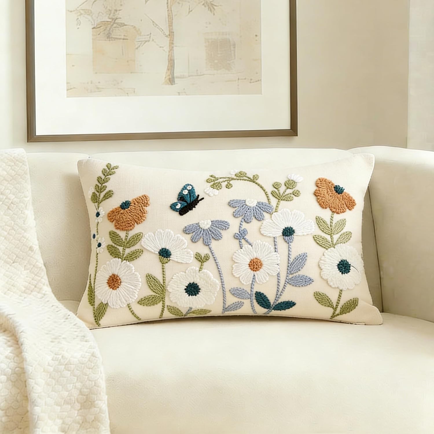 Floral Embroidered Decorative Throw Pillow Covers 12x20 Inch Blue Flowers gallery