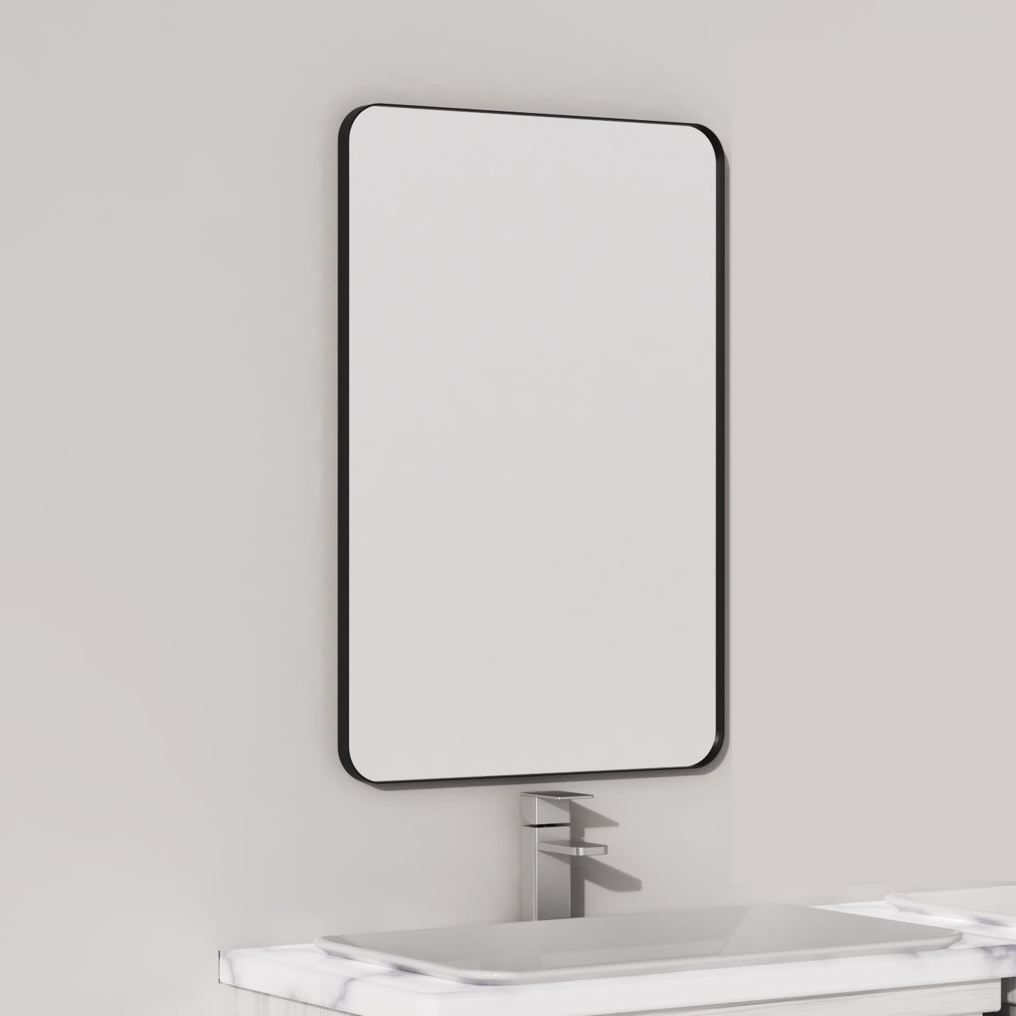 Matte Black Rounded Rectangle Bathroom Mirror, 16x24 Inch, Shatterproof Glass gallery