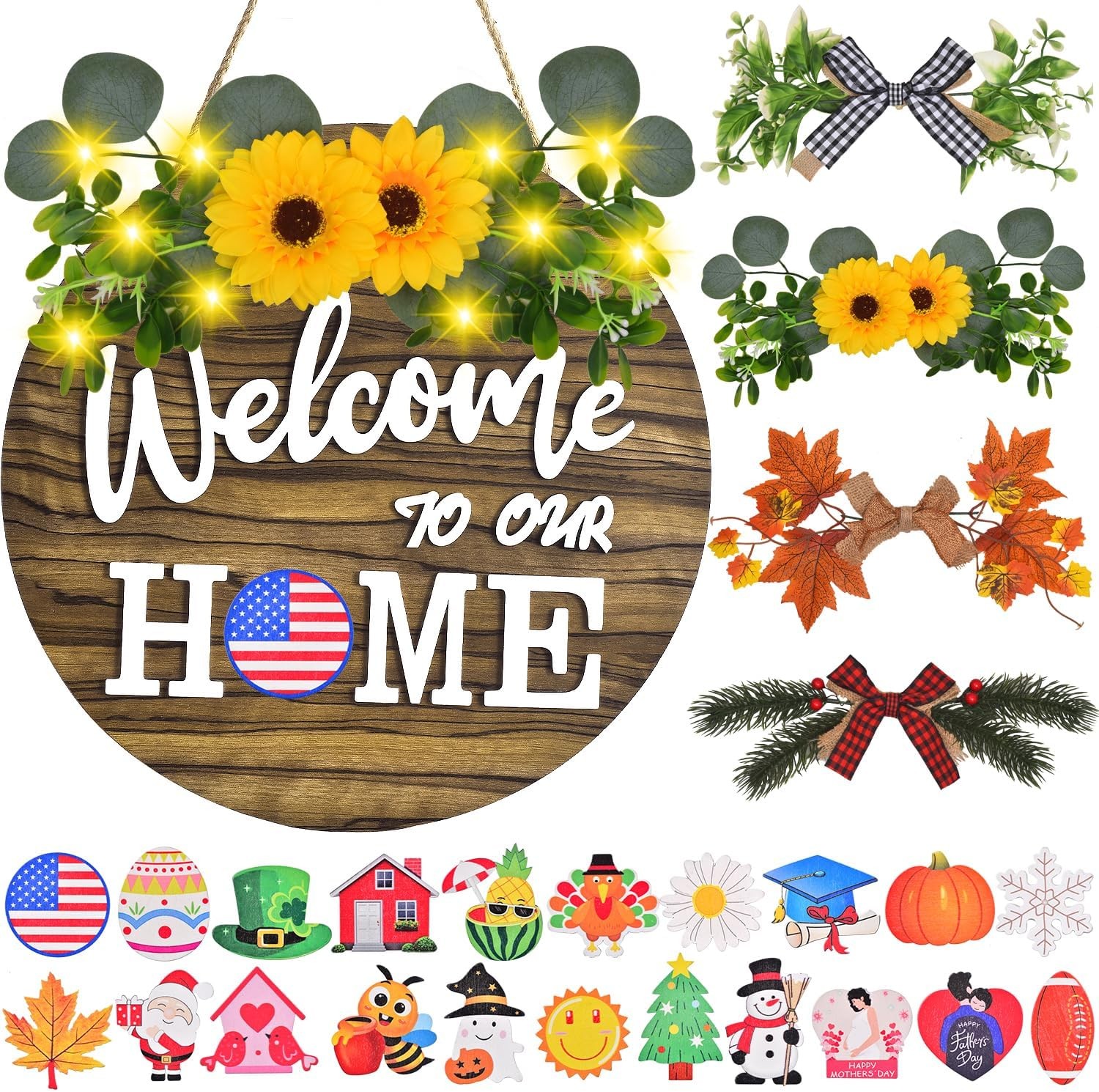 Interchangeable Welcome Home Sign, Front Door Decor With 4 Seasonal Wreaths a... gallery