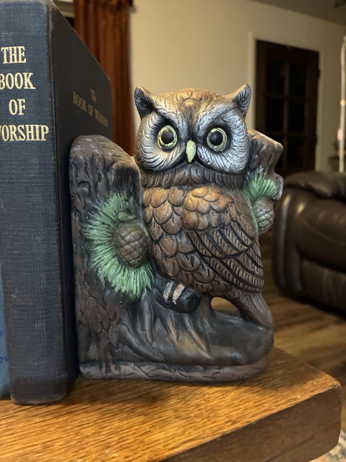 VTG Ceramic Owl Bookends Pair, Tree Stump Design, Brown/Green/Gray, 5 in Tall gallery