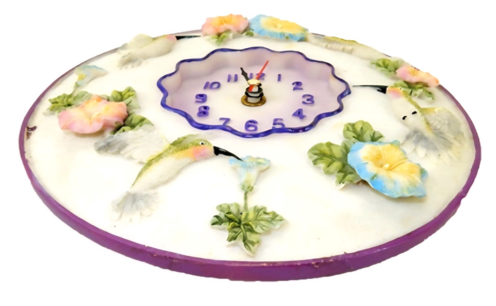Hummingbirds Clock 8” Round 3D Polystone Flowers Wall Decor Painted Whimsical gallery