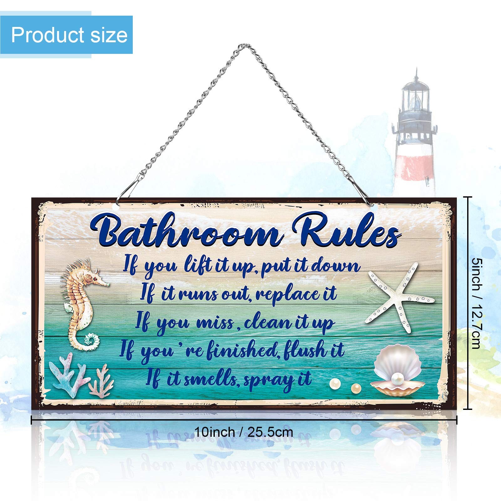 Seashell Bathroom Rules Decor Signs Wall Ocean 10 x 5 Inches, Blue and White gallery