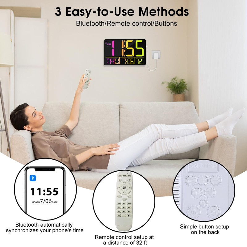 13" Bluetooth Auto Sync Wall Clock- Large Digital Alarm Clock with Remote, RG... gallery