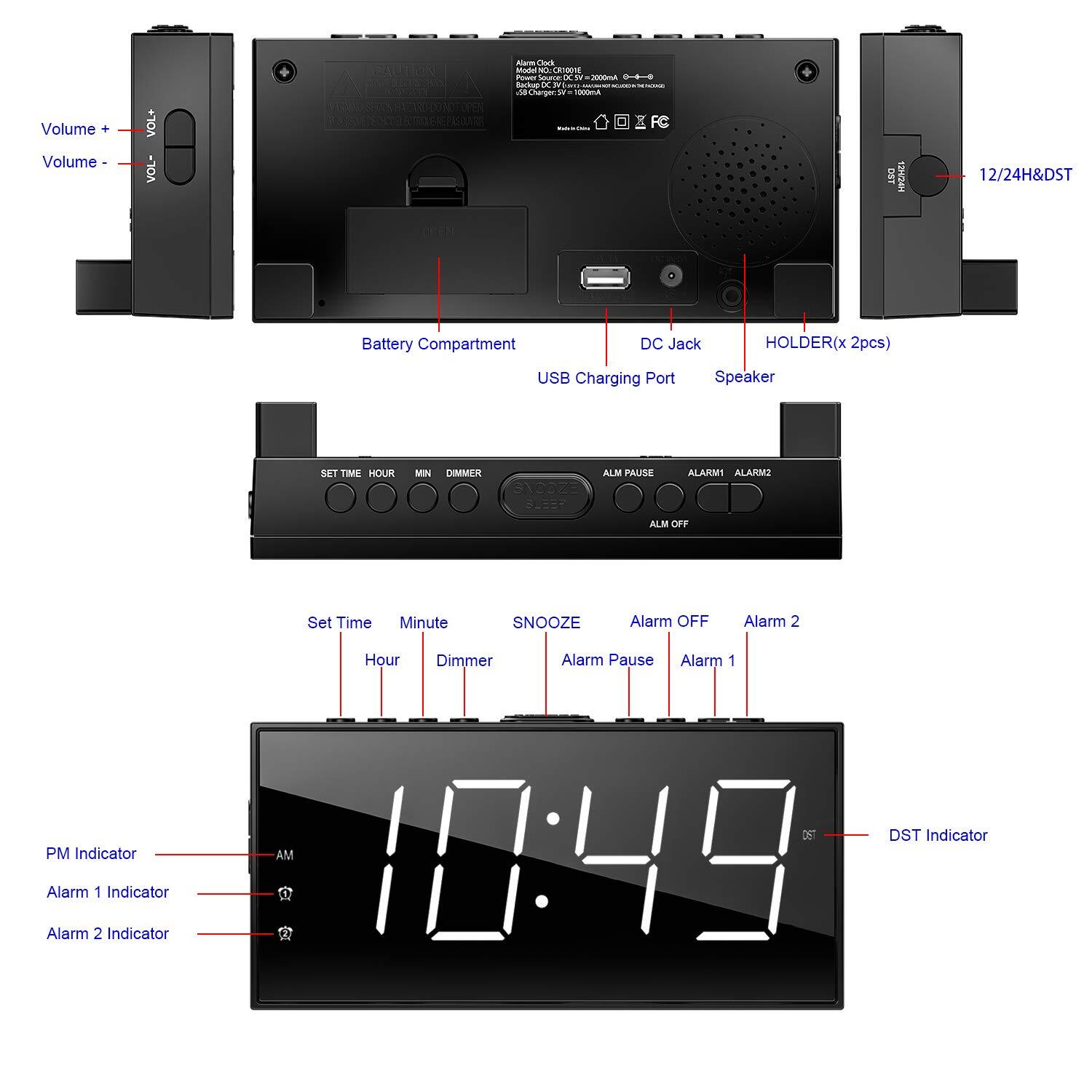 Alarm Clock for Bedroom LED Display Plug in Digital Clock with USB Charging Port gallery