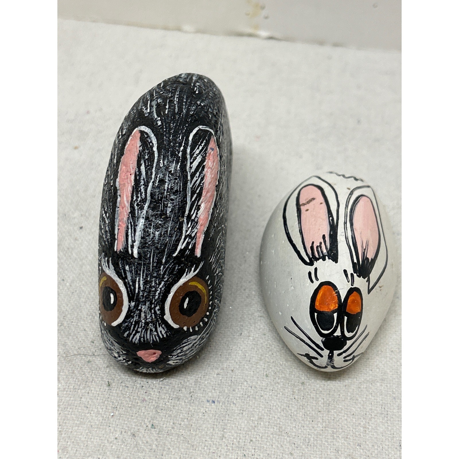 Vintage Hand Painted Rabbit Rocks Set of 2 Black and White Bunny Folk Art Decor gallery