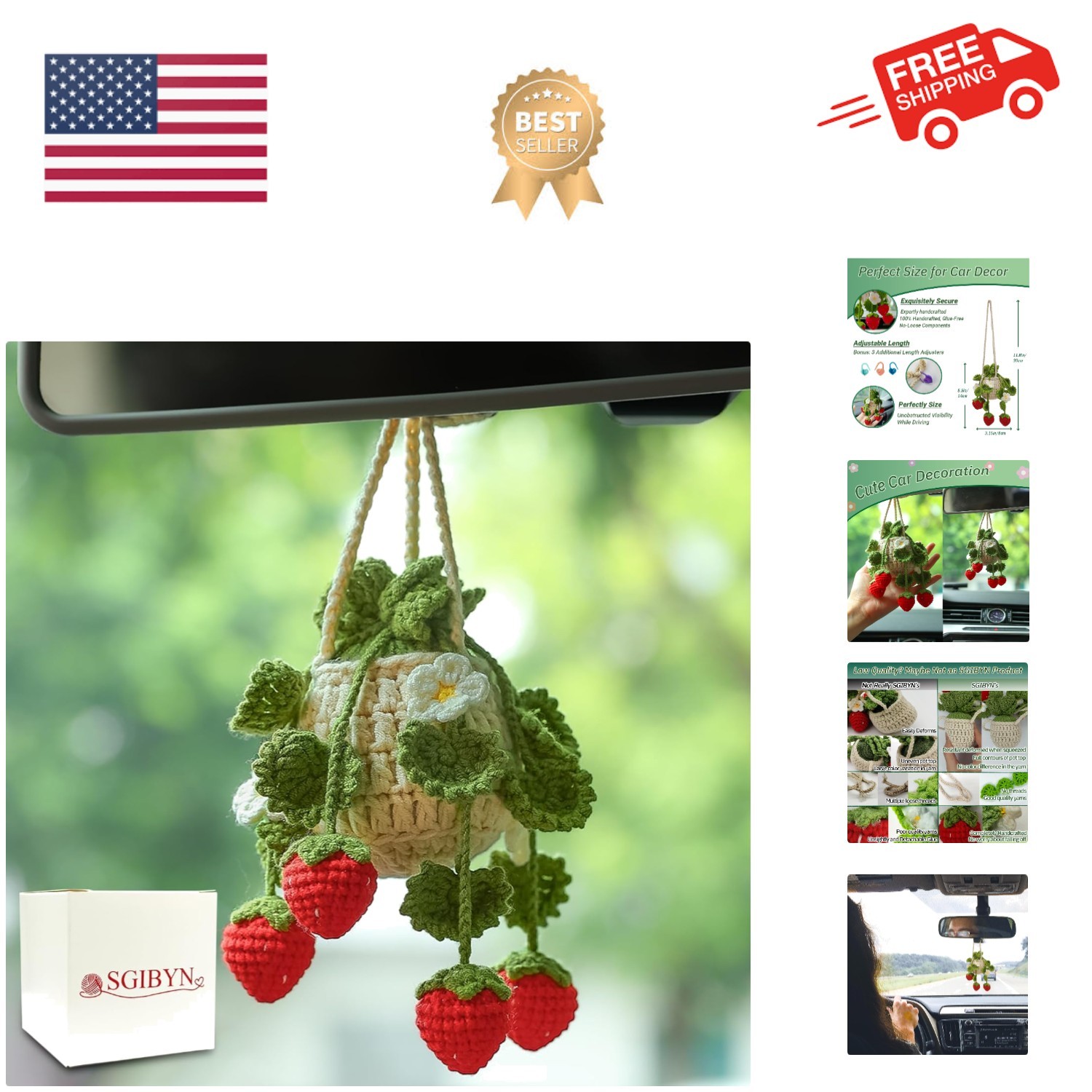 Crochet Hanging Plant for Car,Car Decorations Interior,Plant Strawberry Aesth... gallery