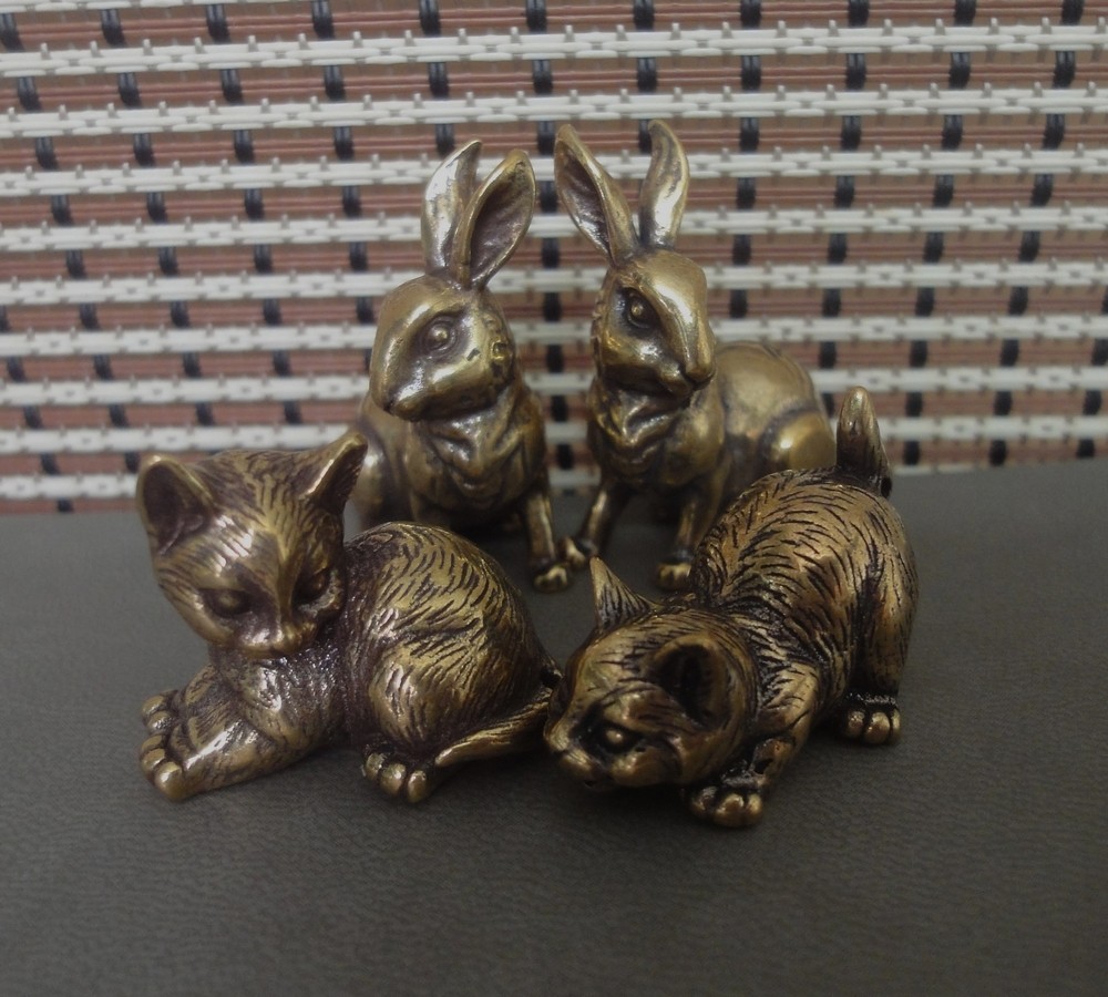2 Pairs Solid Brass Handmade Cats Rabbits Figurines Vintage Bronze Color Statues gallery
